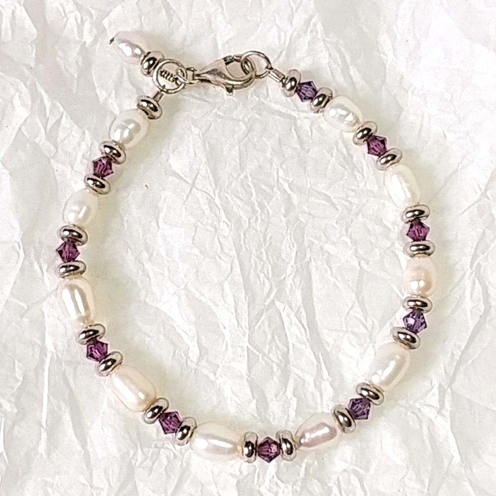 STERLING SILVER FRESHWATER PEARL BRACELET - PURPLE CRYSTALS